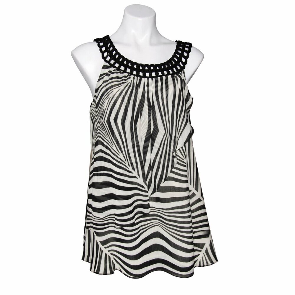 Nicole by Nicole Miller Zebra Stripe Crochet-Neck Pleated Chiffon Tunic Tank | L
